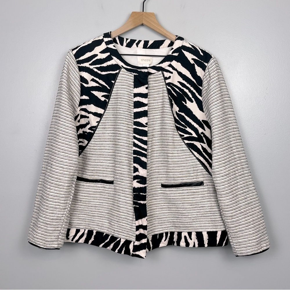 Chico’s cotton linen blend mixed texture zebra print accent jacket, 3 = XL.